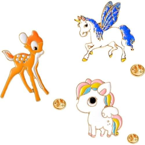 Cartoon Animal Enamel Brooch Jewelry Cute Ponys Pegasus Sika Deer Colored Unicorn Brooches Pins Gifts for Women or Girl