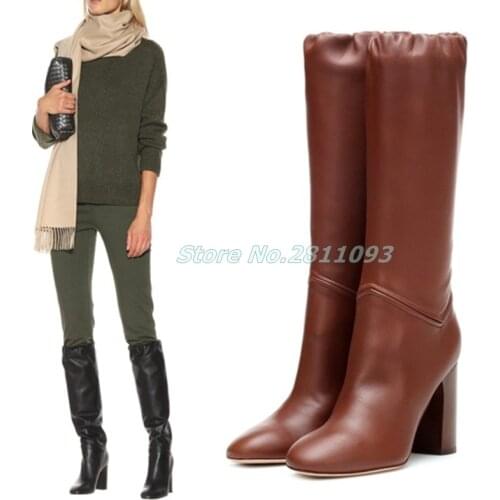 Block High Heel Leather Knee High Boots Elastic Band Closure Square Heel Almond Toe Women Dress Party Winter Boots 2020 Newest