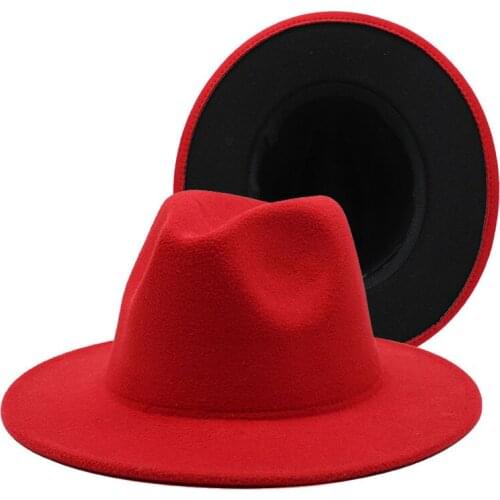 Fashion red and black Patchwork Felt Hat Women Men Wide Brim Imitation Wool Jazz Fedora Hat Panama Trilby Cap Trend Gambler Hat