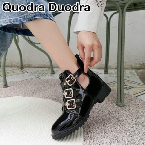 New punk ankle boots with metal buckle motorcycle boots Vintage Boots High Heels Buckle Shoes Thick Women Plus Size 46 black