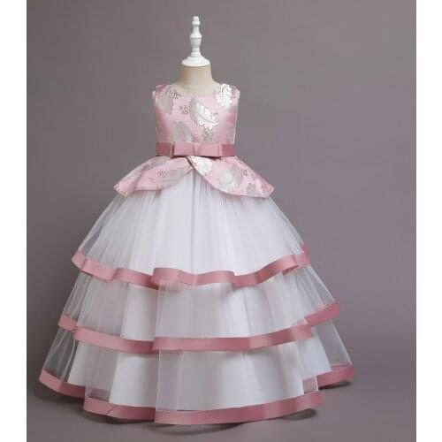 Summer Dress Pink Layered Wedding Bridesmaid Children Bow Princess Birthday Party Prom Gown Vestidos Baby Girls Clothes 14 Years