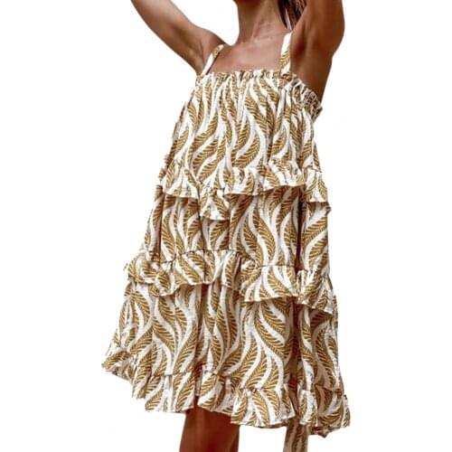Sling Dress Leaf Print Loose Female Ladies Ruffle Hem Dress for Vacation