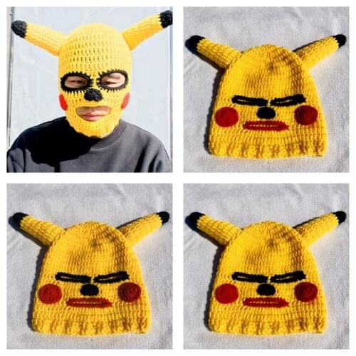 Pokemon Pikachu Handmade Funny Novelty Anime Cartoon Animal Knitted Hat Mask Beanie Halloween Party Birthday Cool Gift