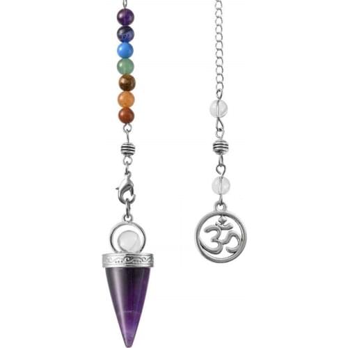 Silver Plated Natural Amethysts Stone Cone Shape Pendulum Spiritual Pendant with Stone Beads 3D Symbol Chain Chakra Jewelry