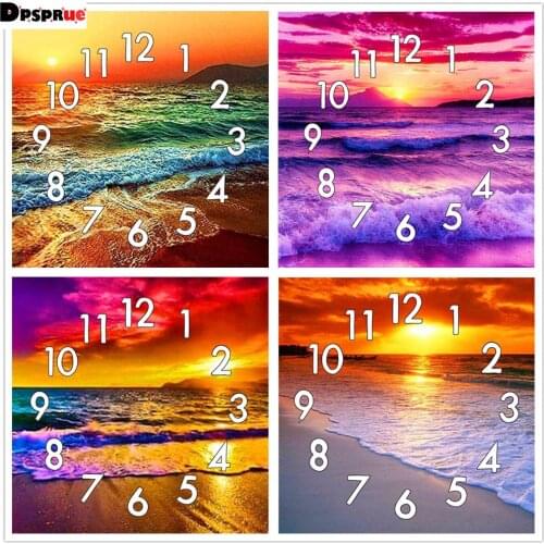 Full Diamond Painting Cross Stitch With Clock Mechanism Mosaic Sea Beach 5D Diy Square Round Diamondpainting Embroidery Gift