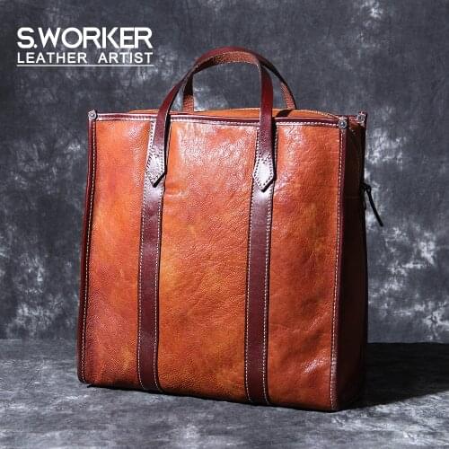 S.WORKER Vintage Genuine Leather Mens Handbag Briefcase Cowhide Leather Shoulder Bag Handmade Tote Bag Vegetable Tanned Leather