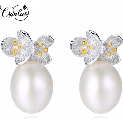 WANLUO Brand Real 925 Sterling Silver Natural Pearl Handmade Fine Jewelry Fresh Clover Flower Stud Earrings for Women Brincos