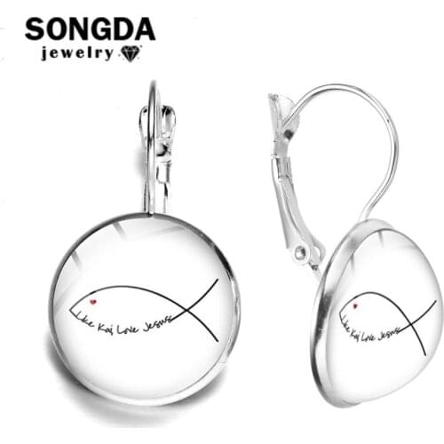 SONGDA Simple Jesus Fish Glass Art Photo Earrings I Love Jesus Letter Quote Statement Earrings for Women Christian Party Jewelry
