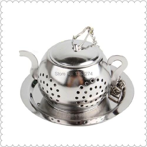 2pcs/Lot Stainless steel Teapot Shape Tea Infuser tea strainer Reusable with chain+tray! Lovely gift for wedding or party