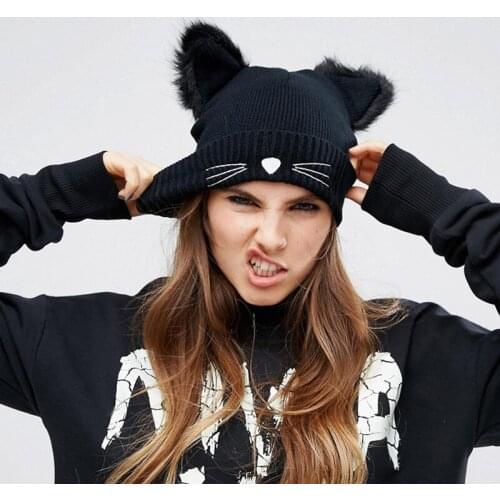 Warm Winter Hat for Women Girls Children Cat Ears Faux Mink Wool Knitted Womens Hat Fur Pompom Caps Female Beanies Bonnet