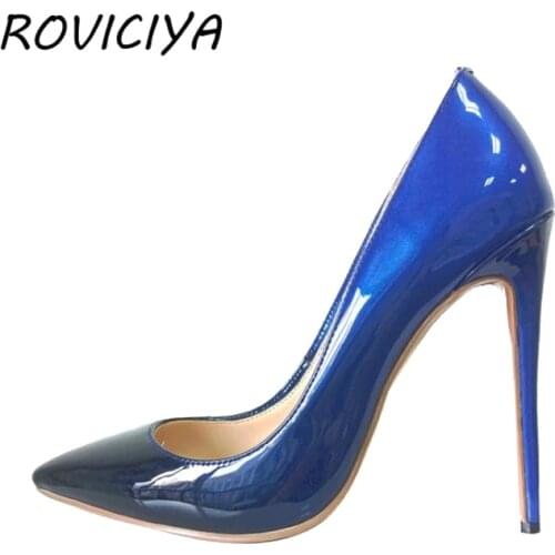 Gradual Blue Black Women Pumps Pointed Toe High Heels Patent Leather Women Party Shoes 8 cm 10 cm 12 cm Stilettos QP010 ROVICIYA