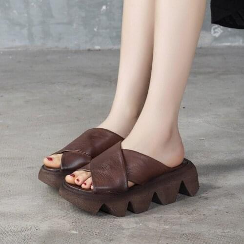 Retro Polished Genuine Leather Womens Shoes One-shaped Platform Shoes 2021 Summer New Cowhide Slippers Womens Thick Bottom