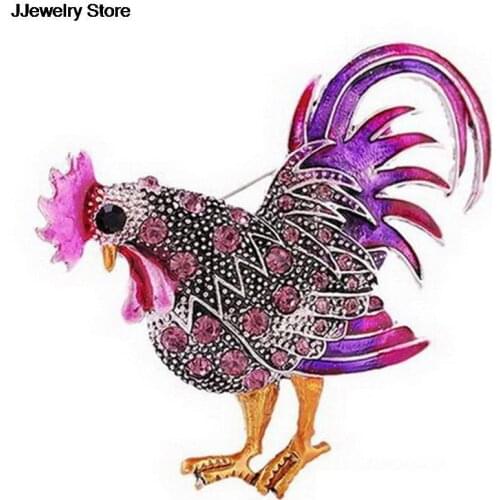 Vintage Rhinestone Rooster Brooch 4 Color Cockerel Chicken Crystal Animal Brooch For Women Party Dress Accessories