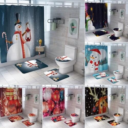Waterproof Snowman Elk Balloon Pattern Shower Curtains Toilet Cover Mat Non Slip Rug Merry Christmas Bathroom Set Home Decor