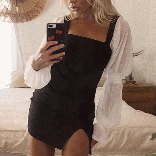 Knitted Mini Bodycon Dress Split Striped Sleeveless Solid Color Woman Dress Square Neck Silm Casual Dresses S-3XL 2021