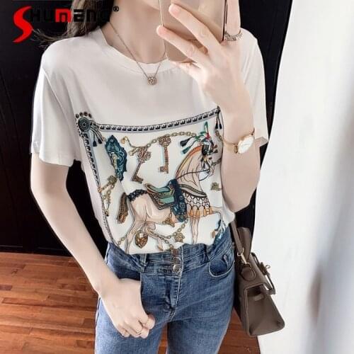 2021 Summer Short-Sleeved Women T-shirt New Artificial Silk Printing Loose Ladies Top Fashion Beading Crew Neck Pullover Tee