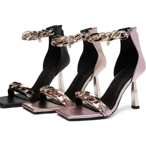 New Metal Chain Square Toe High Heels Sandals Women Fashion Outdoors Dress Runway Half Wrap Toe Leather Sandals Woman Shoes
