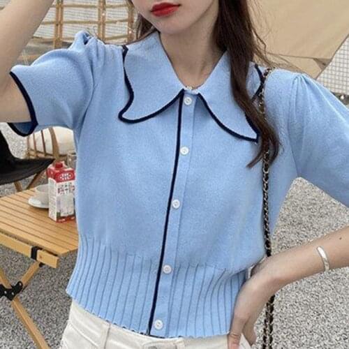 Knitting Fake Cardigan Female Polo Sweater Shirts Crop Paragraphs Shorts French Thin Sweet Wind Crops Short Sleeve Women Tops