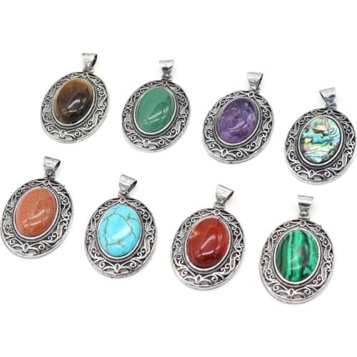 2021 New Elliptical Alloy Pendant Charms Natural Stone Agates Shell Pendants for Jewelry Making DIY Necklace Accessories 33x45mm