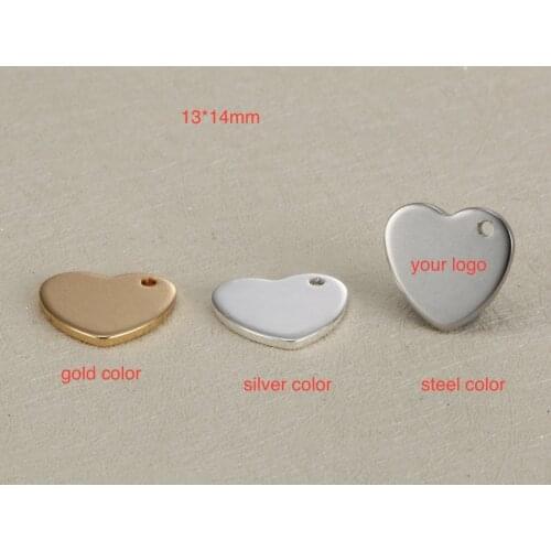 50pcs/lot 13*14mm Blank Heart Tag Stainless Steel Charms Custom Engrave your own logo at small quantity DIY Handmade