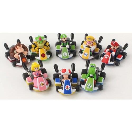 8pcs/set 3-4cm Super Mario Figure Dolls Mario Luigi Monkey Yoshi Goomba Mushroon Peach with Car PVC Decoration Toys