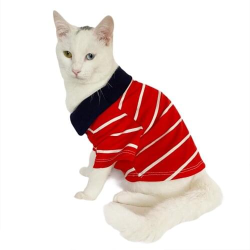 Red Stripe Elegance POLO NECK CAT T-SHIRT Cat Clothes, Cat Fashion