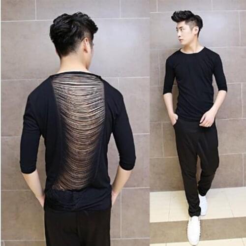 Men back ripped hollow out sexy hip hop punk rock t shirt DJ singer stage costume men harajuku nightclub slim tee shirts tops