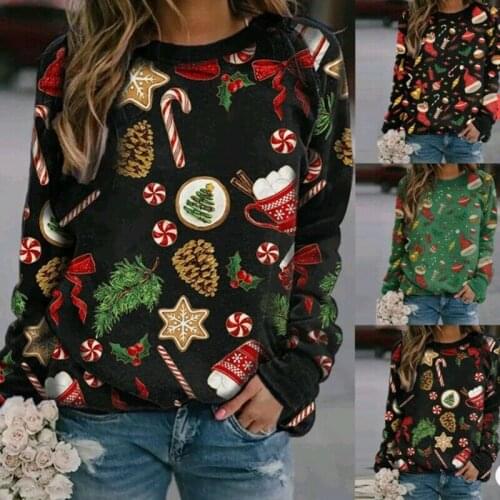2021 Hot Autumn Winter Popular Round Neck Long Sleeve Printed Christmas Womens Fleec Long Sleeve Print Comfortable Versatile