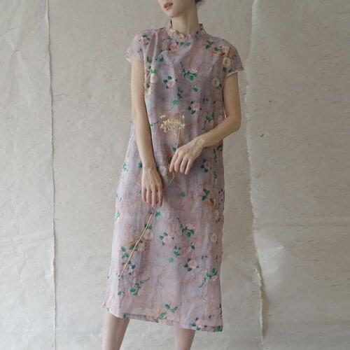 Johnature Retro Print Stand Plate Buckle Short Sleeve Fashion Dresses 2021 Summer New Loose Comfortable Women Pullover Dress