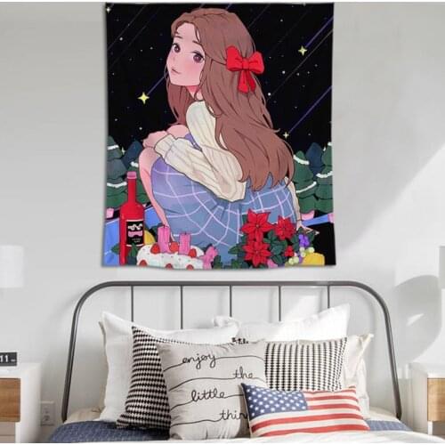 Kawaii Girl Tapestry Wall Hanging Room Decoration Sofa Backdrop Bedroom Wall Cloth Decor Dorm Desk Window Tapestries Bohemian