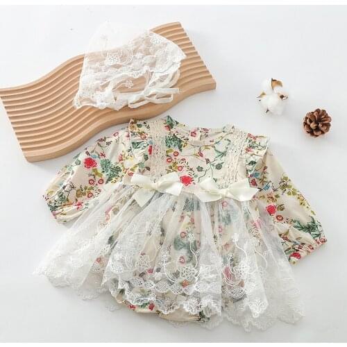 Korean Style Baby Girl Lace Stitching Printed Flower Bodysuits+Hat Infant Baby Girls Jumpsuit Spring Autumn Baby Girls Clothes
