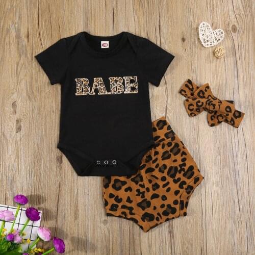 3pcs Baby Girls Boys Clothes Sets Letter Leopard Printed Short Sleeve Romper Shorts Headband