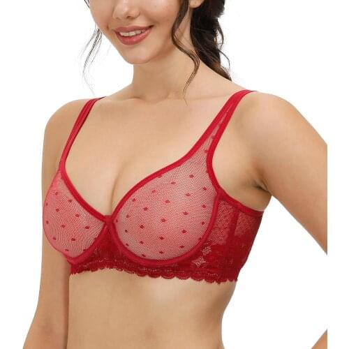 Lace ultra-thin transparent perspective Womens sexy bra full cover underwear Dot cropped Mesh 32-44 A B C D DD E DDD F Cups