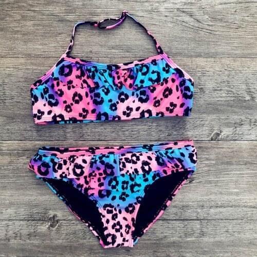 Summer Girls Swimwear Sleeveless Leopard Print Ruched Beach Split Swimsuit Bathing Suit Bikini Set 2pc Set Bathing Clothes Bimba