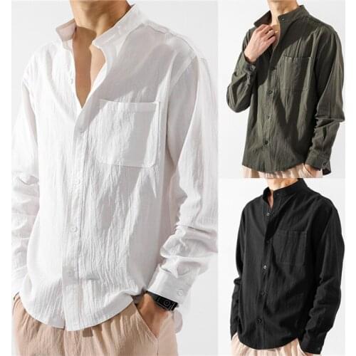 Men Long-sleeved Round Neck Shirt Thin Loose Fit with Pocket Decoration Spring and Summer Clothing
