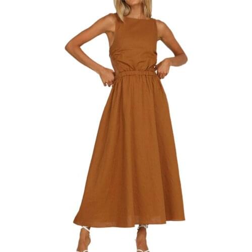 New Fashion Women Dress Plus Size Solid Color Sexy Backless Elastic Waist A-Line Soft Sleeveless Casual Womens Dresses