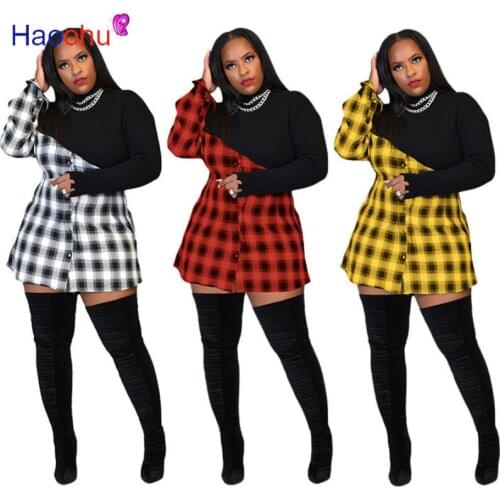 HAOOHU Autumn Long Sleeve Shirt Dress Women Knitted Plaid Patchwork Zipper Button-Up Mini Dress Turtleneck Loose Casual Dresses
