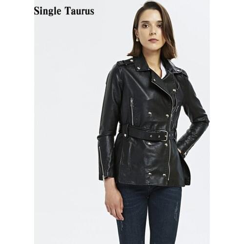 Autumn Ladies Leather Jacket Long Sleeve Turn Down Collar Red Leather Jacket Long Length Epaulet Womens Leather Jackets Coats