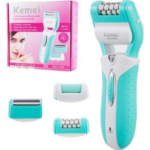 Kemei 3 in 1 rechargeable lady epilator electric hair removal depilador callus dead skin remover hair shaver foot care tool