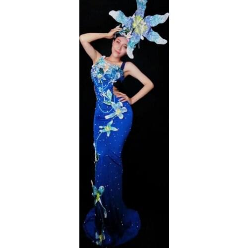 Sexy Leotard Blue Long Dress Sparkly Rhinestones Flowers Trailing Dresses Party Club Stage Rave Outfit Drag Queen Costume DT391