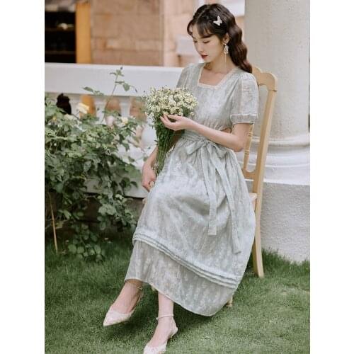 Summer Dresses Women French Square Neck Lace Retro Chiffon Print Ladies High Waist Hollow Bowknot Lace Sweet Fairy Dress