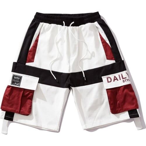 Hip Hop Cargo Shorts Mens Color Block Ribbons Streetwear Joggers Multi Pockets Baggy Pants 2021 Summer Casual Short oversized