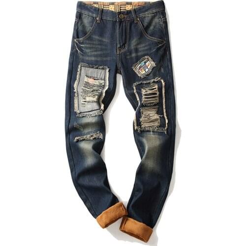 Retro Blue Jeans Fashion Trendy Ripped Patch Straight Leg Pants Mens Plus Velvet Jeans Trendy Pants Autumn and Winter New