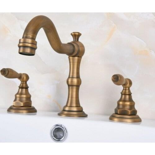 Retro Vintage Antique Brass Two Handle Deck-Mount 3 Hole Widespread Bathroom Lavatory Vessel Basin Faucet Sink Mixer Tap dan075