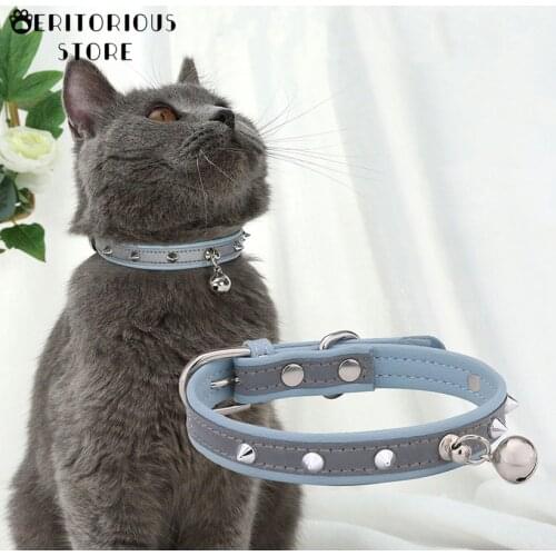 Reflective Cat Collar Anti-lost Collar for Small Dog Accessories Universal Anti-Bite with Bell PU Leather Adjustable Necklace