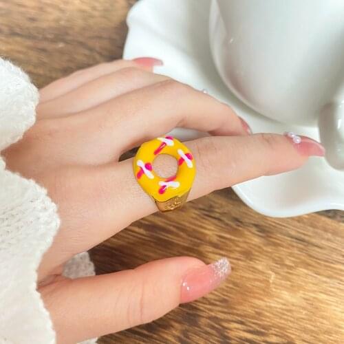 VKME 2021 New Colourful Resin Acrylic Donuts Open Rings For Women Rhinestone Geometric Rings Set Trendy Jewelry Travel Gifts