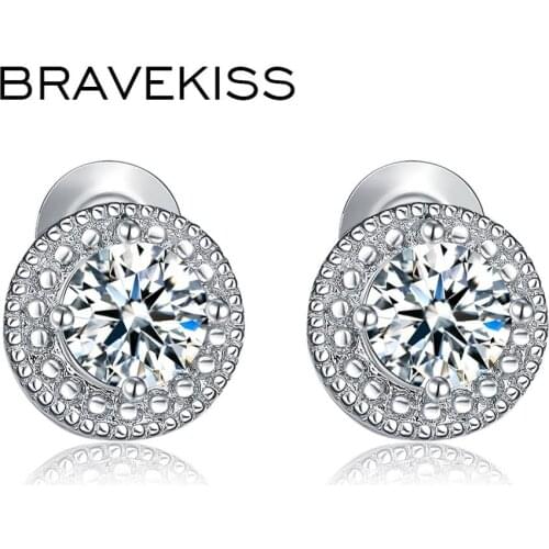 BRAVEKISS Designer Fashion Popular Crystal Stud Earrings for Women White Gold Color Round CZ Boucle D'Oreille Hot Gift BUE0259