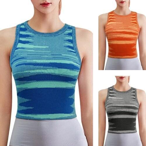 WomenS Striped Knit Vest Slim Fit Yoga Shirt Stripe Printed Sleeveless Shirt Round Neck Off Shoulder Fashion Vest Summer