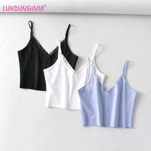 LUNDUNSHIJIA 2020 Summer Women Fashion Sexy V-neck Lace Knitting Cotton Camisole Top Ladies Basic Crop Bustier Vests Top