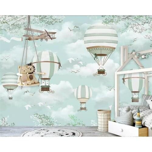 Beibehang Customized child room background wall 3d wallpaper blue sky white clouds hot air balloon plane animal puppy wallpaper